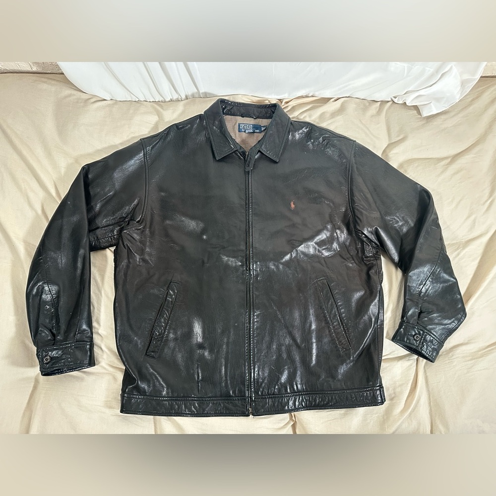 Polo Ralph Lauren Lambskin Leather Jacket X-Large Black Herringbone Lining